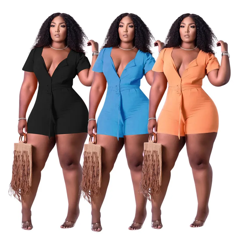 

3xl Plus Size Jumpsuit Women Fashion with Belt Wholesale V Neck Solid Casual Playsuits Bodycon Summer Office Lay Dropshipping