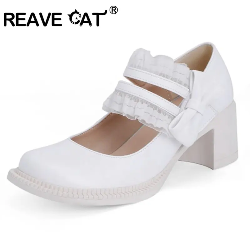 

REAVE CAT 2021 Spring New Pleated Lace Solid Pumps Cute Mary Jane Round Toe Hook Loop 6cm Square High Heel Big Size 33-42 Black