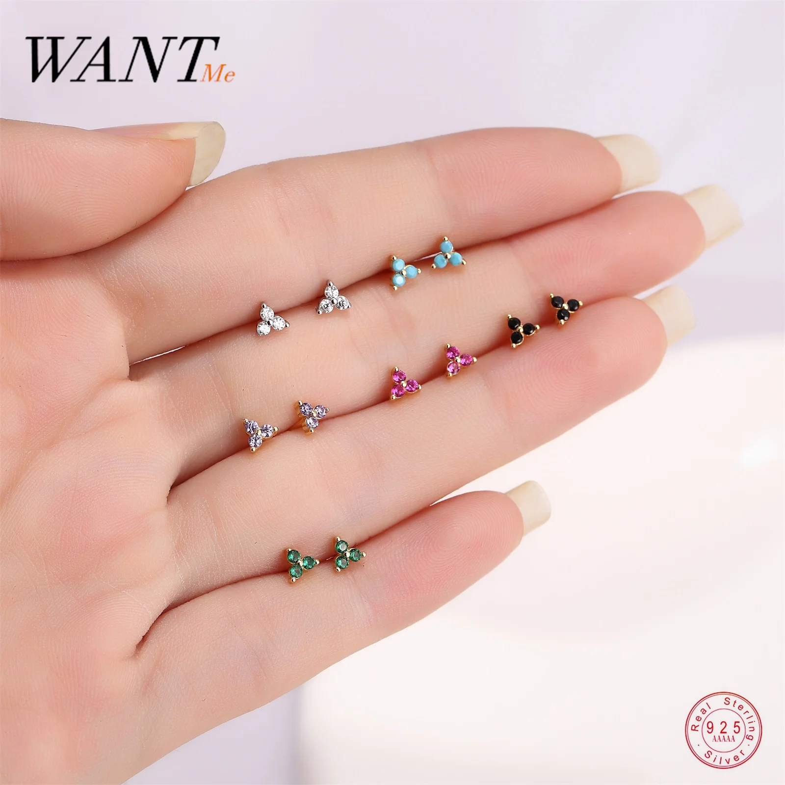 

WANTME 925 Sterling Silver Trend Korean Color Zircon Clover Flower Small Stud Earrings for Women Teen Romantic Party Jewelry