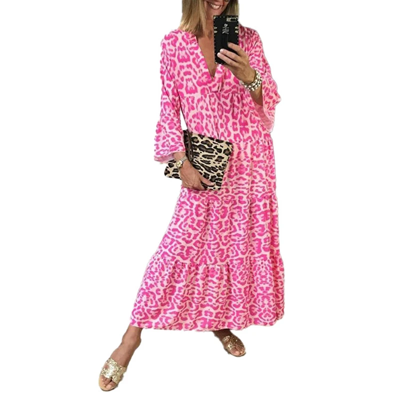 Женское леопардовое длинное платье повседневное свободное макси с леопардовой