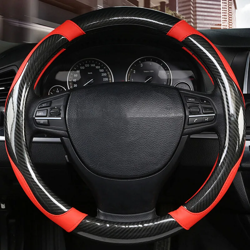 

SUV Replacement Non Slip Carbon Fiber Black+Red Steering Wheel Cover Antiskid Splicing 15 Inch