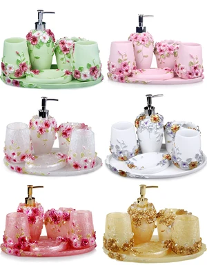 

Wedding Gift Bathroom Set- Pink Bathroom Accessories Kit-Red Resin Five-piece Set-Soap Dispenser-Toothbrush Holder
