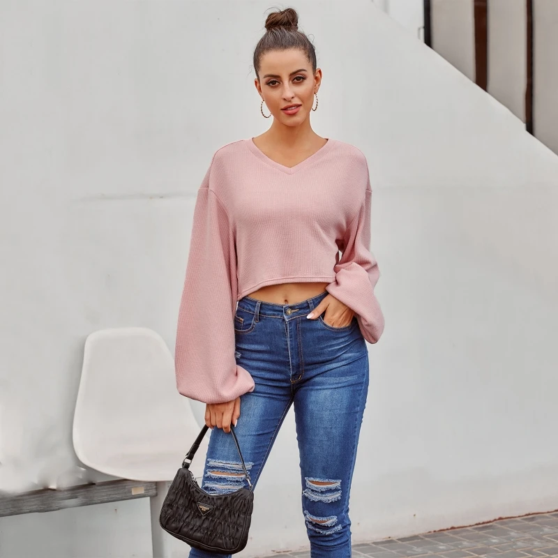 

Women Long Sleeve Sexy V-Neck Knitting Sweater Casual Loose Pullover Short Tunic Tops Solid Color Streetwear