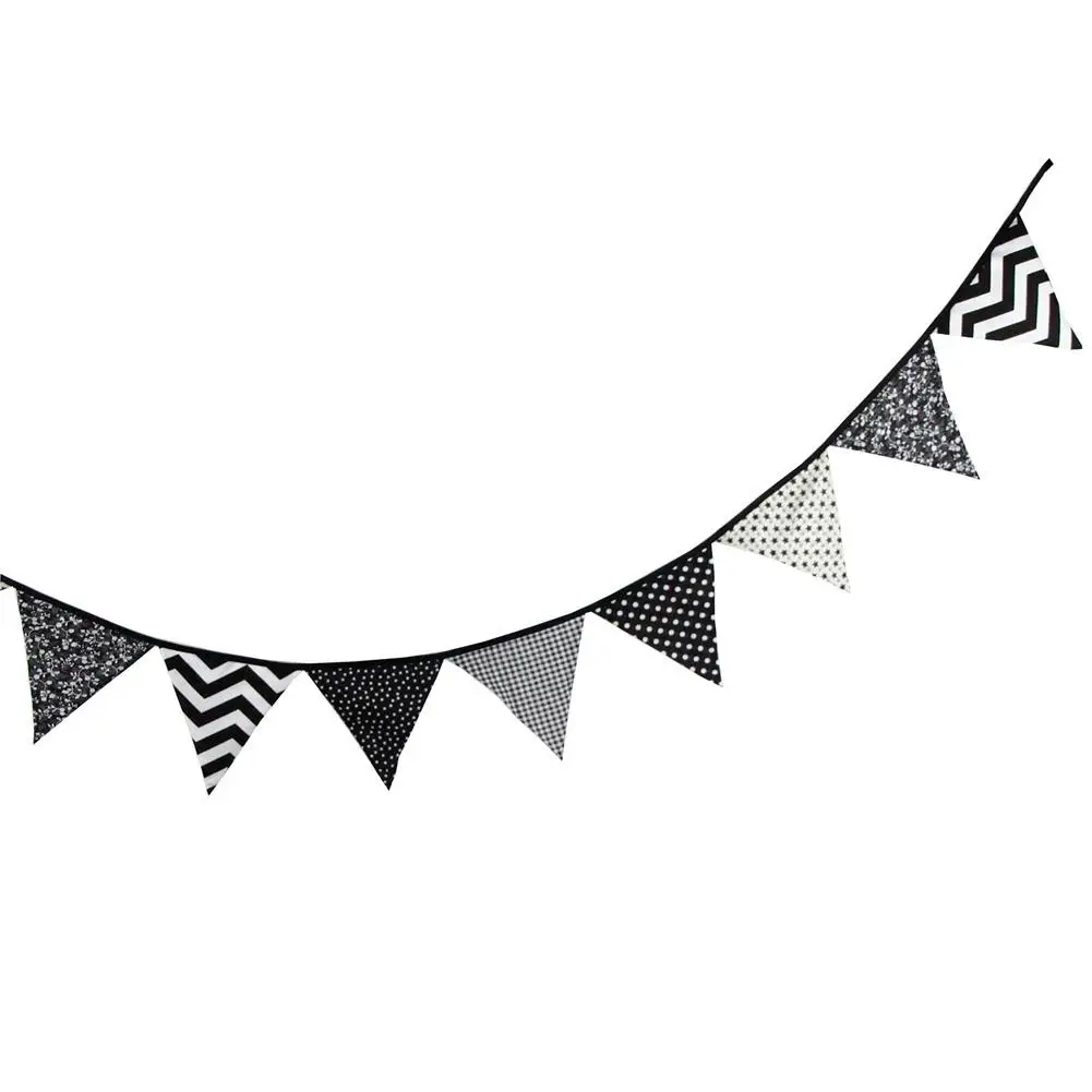 

Black White Pennant Bunting Banner Cotton Flower Party Wedding Baby Shower Reusable Celebrate Decoration 12 Flags 3.2m