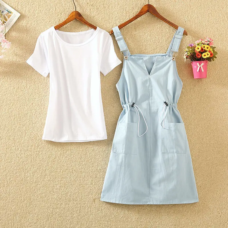 

2020 New Summer Ladies Clothing Suit Women Fashion Sweet White T Shirt Tops + Overall Elastic Waist Skirt Two Pieces Set Z61