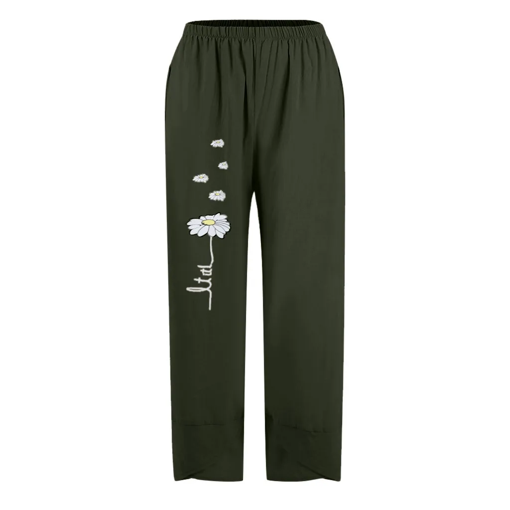 Pants Women Summer Irregular Hem Loose Daisy Print Cotton Linen Elastic Waist Trousers Female Wide Leg Pockets Pantalones #616 | Женская