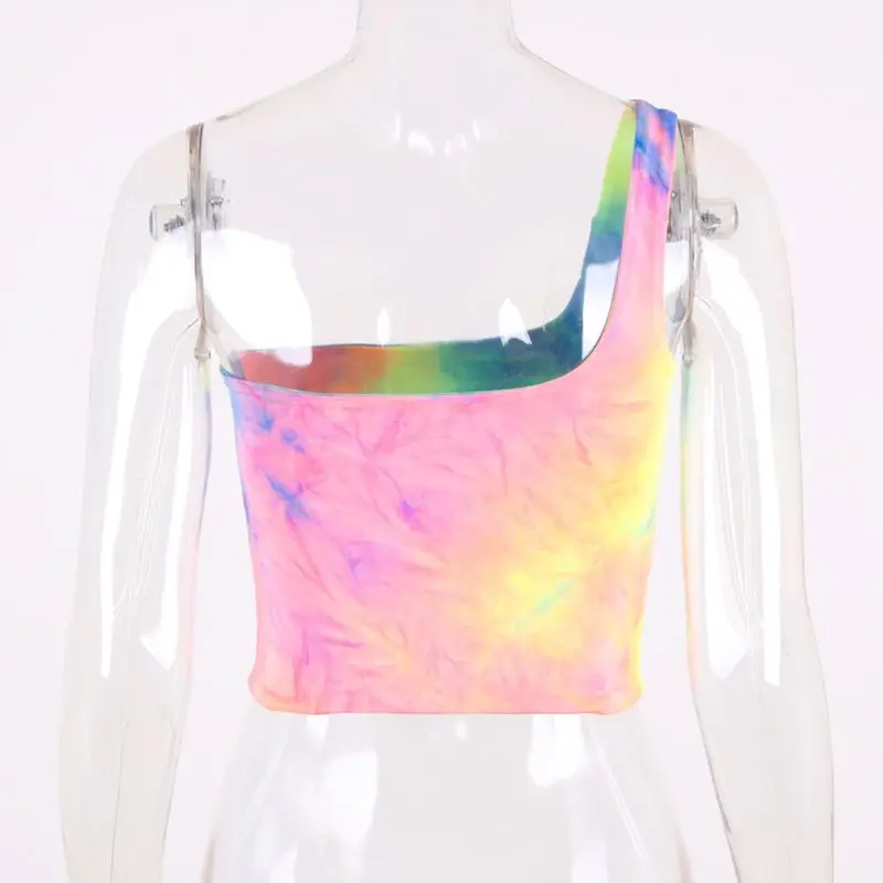 

Women Summer Rainbow Colorful Tie-Dye Crop Tube Top Sexy One Shoulder Backless Bandeau Vest Festival Party Streetwear