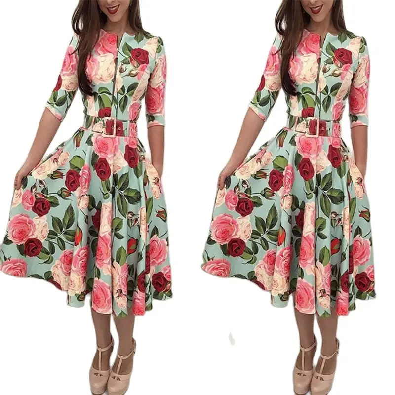 Женское облегающее платье миди с длинным рукавом и цветочным принтом|Женские