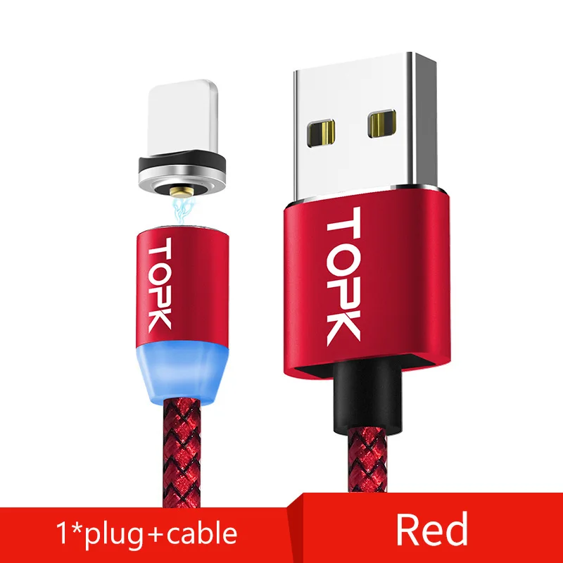 1 Plug 1 Cable Red TOPK 1 м светодиодный магнитный кабель для iPhone Xs Max Xr 8 7 6 магнитная зарядка usb type C кабель и Micro USB кабель для samsung Xiaomi huawei USB C - Цвет: 1 Plug 1 Cable Red