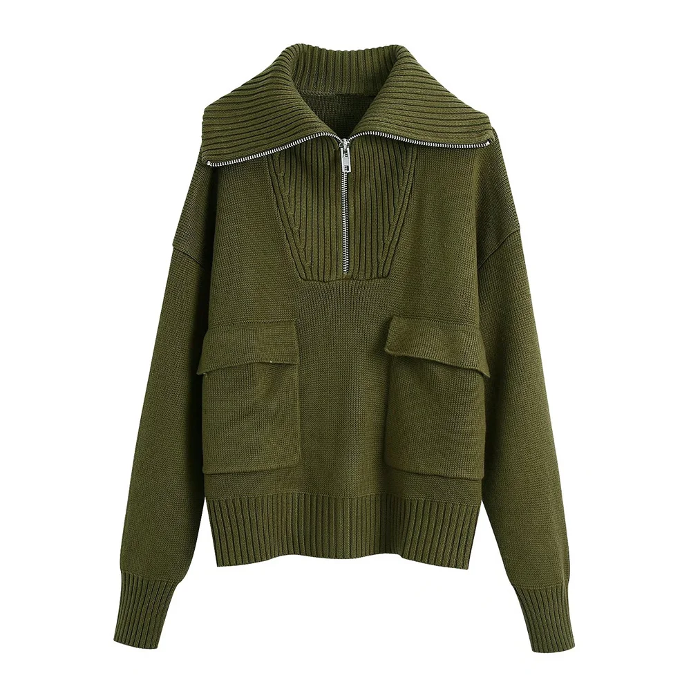 

Women 2021 With Pockets Zip-up Loose Knitted Sweater Vintage High Neck Long Sleeve Female Pullovers Fashion Chic Tops