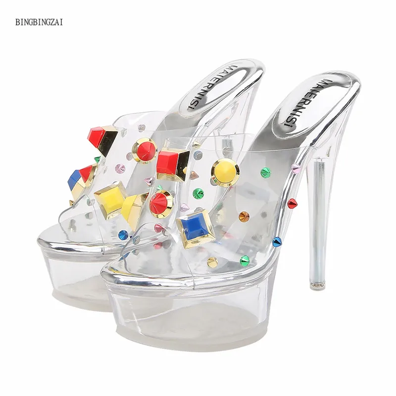 

New pattern Authentic Female slippers Sandals Rivet diamond Female shoes fashion brand Crystal clear 14CM high heels 4-11 12