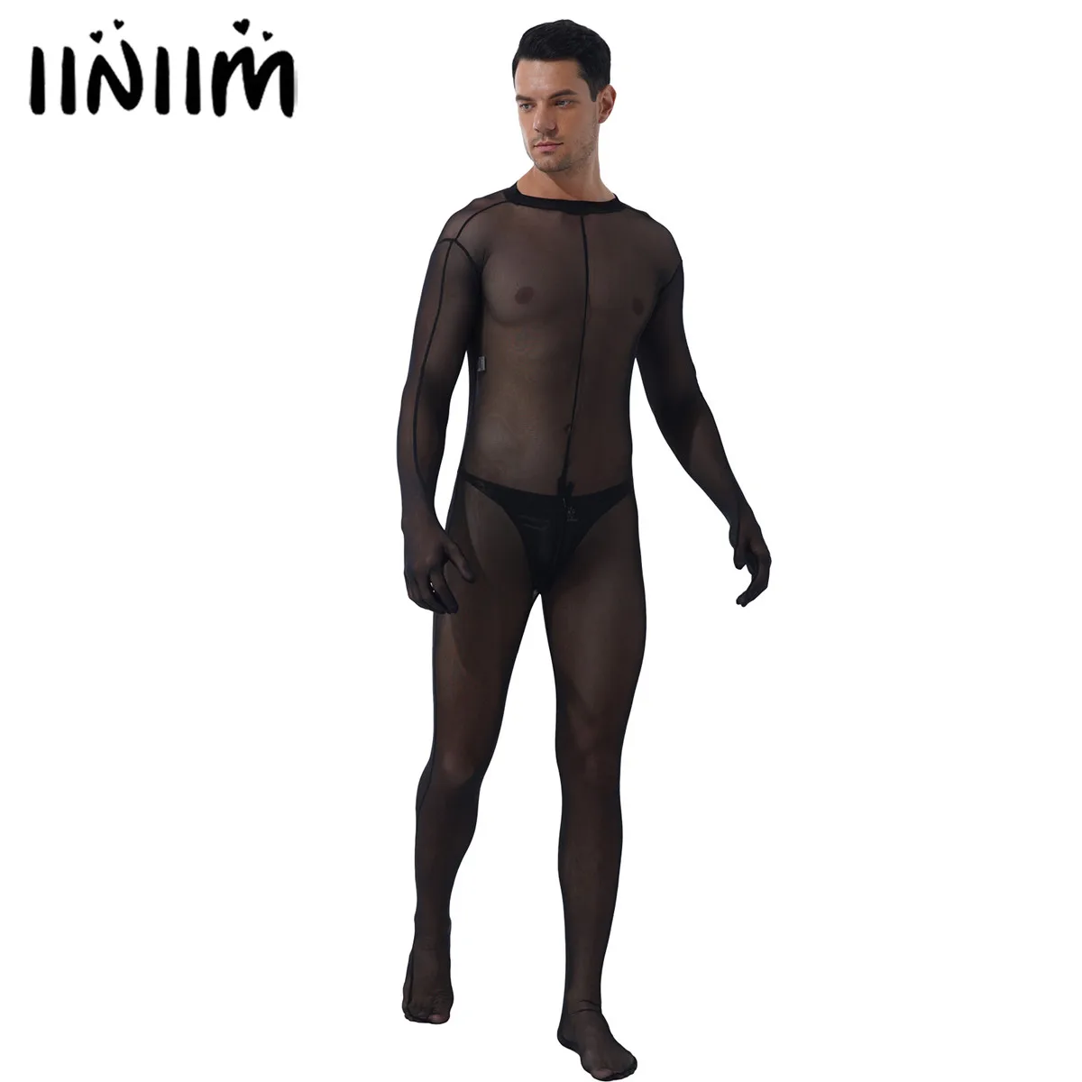 

Black Men's See-through Mesh Bodystocking Sexy Zipper Crotch Bodysuit Underwear Sheer Skinny Jumpsuits Nightclub Exotic Costumes