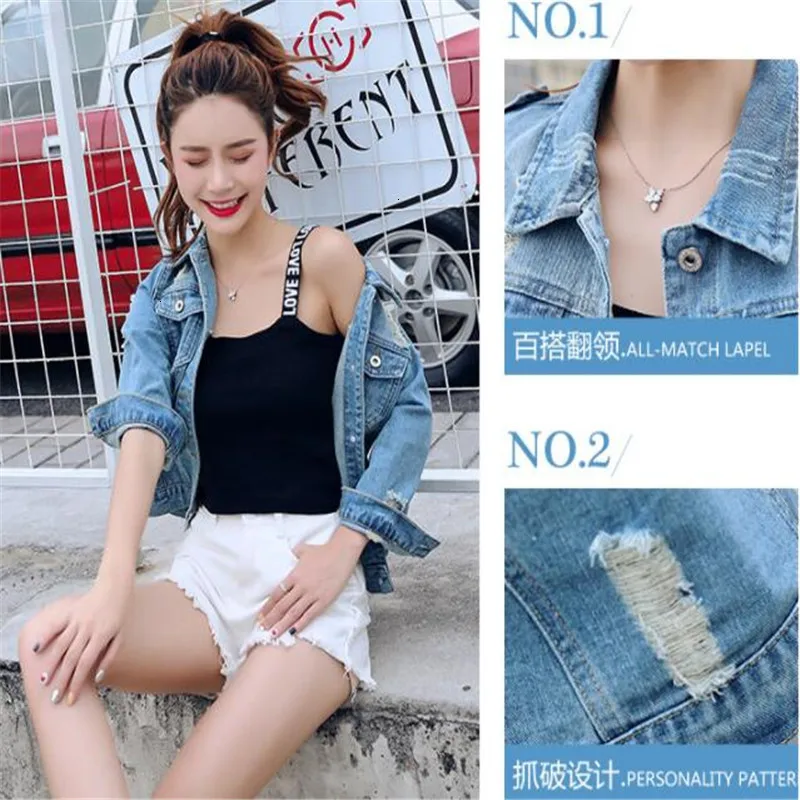 Jeans Jas Vrouwen Casacos Feminino Slim Ripped Gaten Denim Femme Elegante Vintage Bomberjack Basic Jassen |