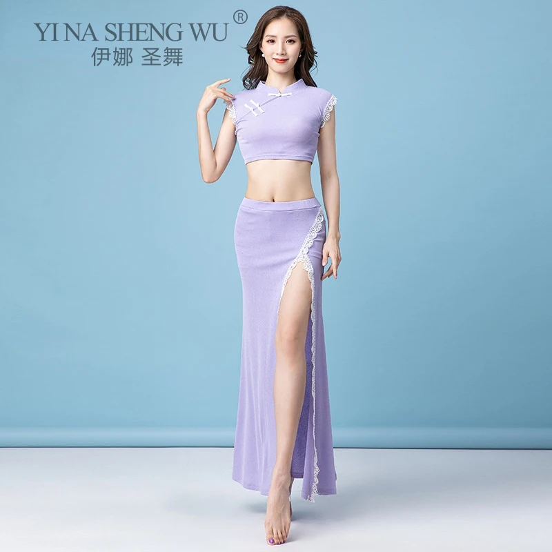 

Summer New Belly Dance Practice Clothes Cheongsam Sexy Performance Dance Training Suit Sleeveless Top Long Slit Skirt Dance Set