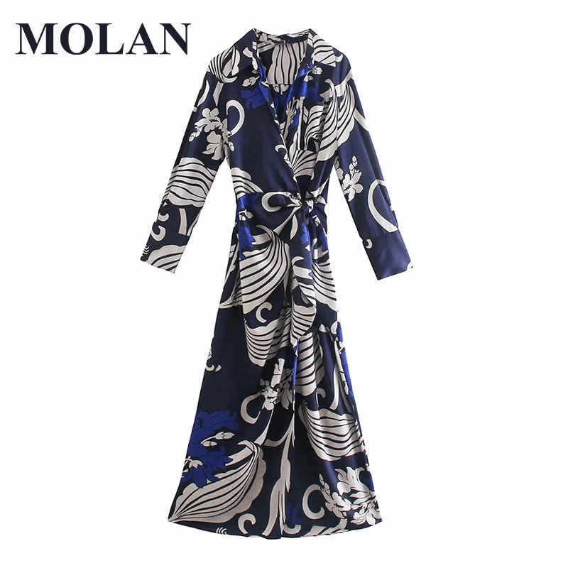 

MOLAN Fashion Vocation Long Dress Woman With Tied Printed Wrap Midi Vintage Shirt Vestido Pockets Female Chic Dress