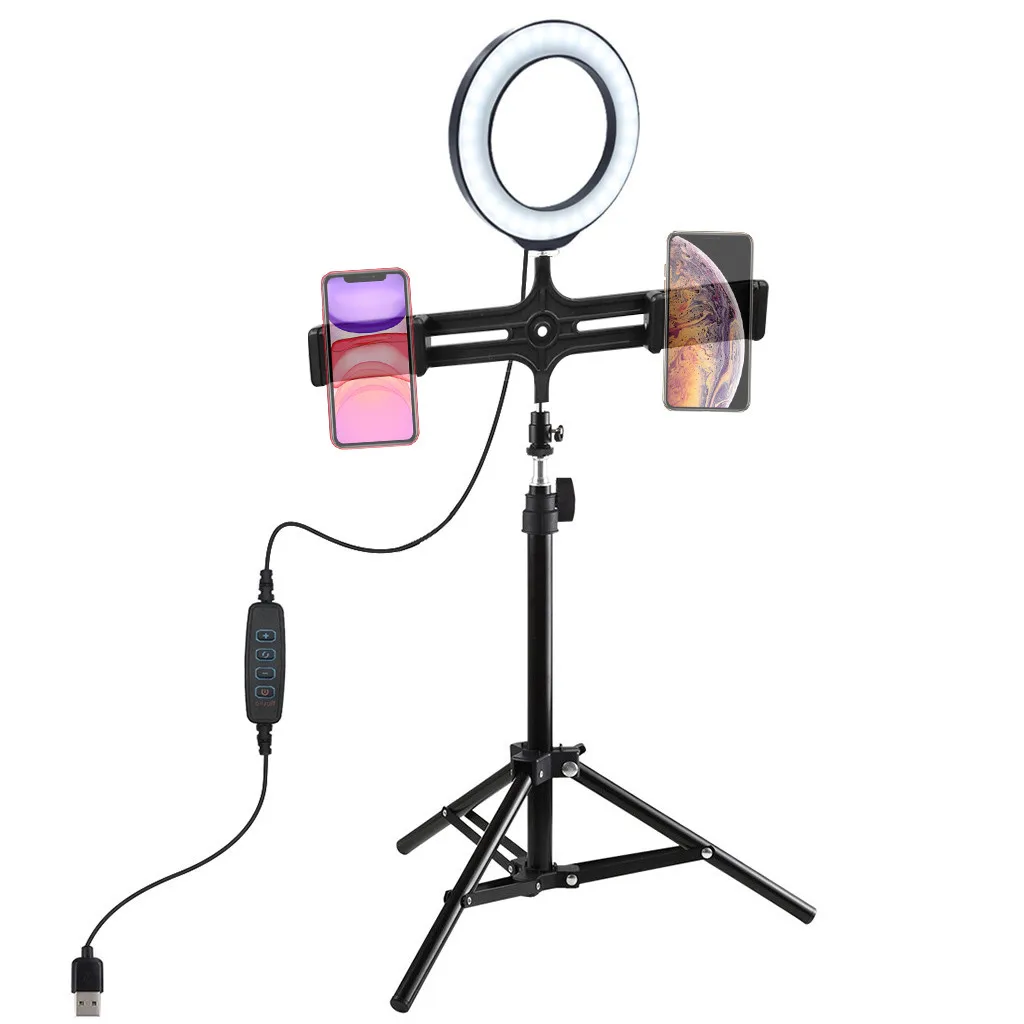 Photo LED Selfie 16Cm Ring Fill Light+double stand bracket With Tripod Dimmable Camera Lamp For Makeup Video Live #0528 | Красота и
