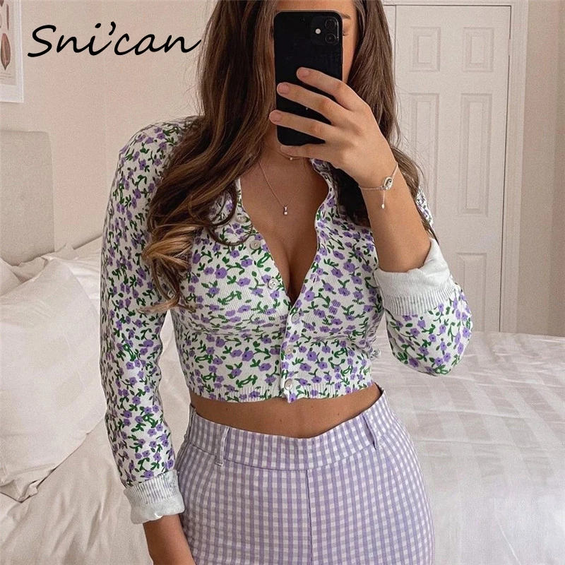 

Snican Floral Knitwear Cropped Cardigan Vintage Long Sleeve Sexy Sweater Vintage Chic Tops Za 2021 Women Haut Femme Vetement New