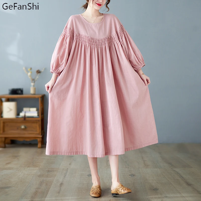 

Women's Dress Summer O-Neck Vintage Solid Cotton Linen Casual Loose Short Sleeve A-Line Elegant Dresses For Women Sundress Robe