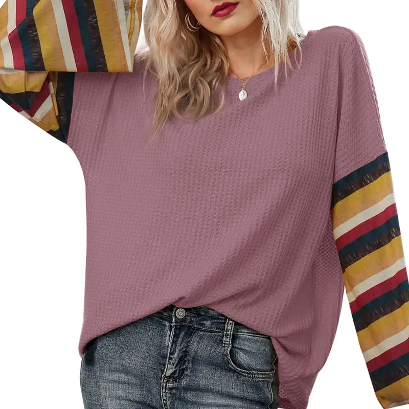 

Women Flare Long Sleeve Waffle Knit Sweater O-Neck Striped Patchwork Loose Tops