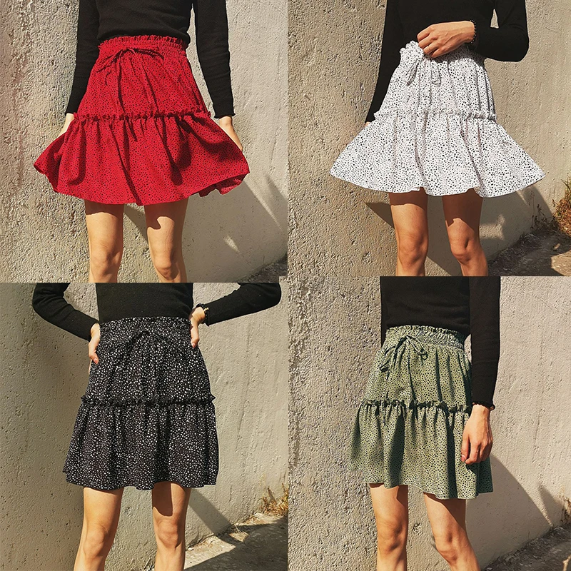 

Women Short Shirt High Waist Chiffon Summer Fashion Fungus Pleated Polka Dot Printed A-line Skirt New Arrival