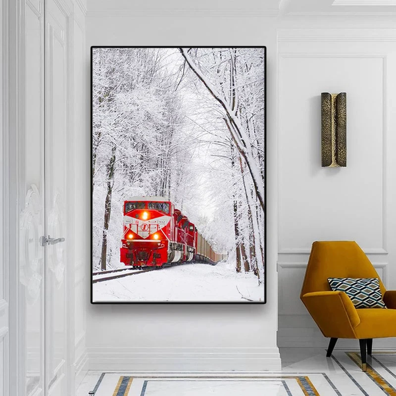 

Пейзаж, холст, картина, красный поезд, снежный лес, скандинавский зимний природный пейзаж, плакат и принты для гостиной, домашний декор