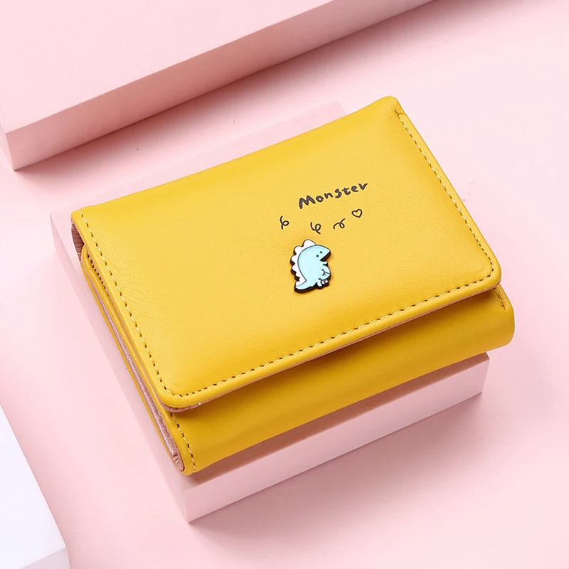 1PC Women Cute Small Dinosaur Wallet Buckle Folding Girl Wallet Brand Designed Pu Leather Coin Purse Female Card Holder