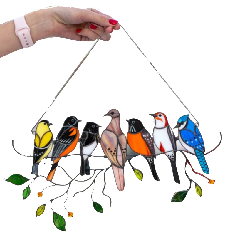 

Multicolor Birds on a Wire High Stained Suncatcher Window Panel Bird Series Ornaments Pendant Home Decoration RERI889