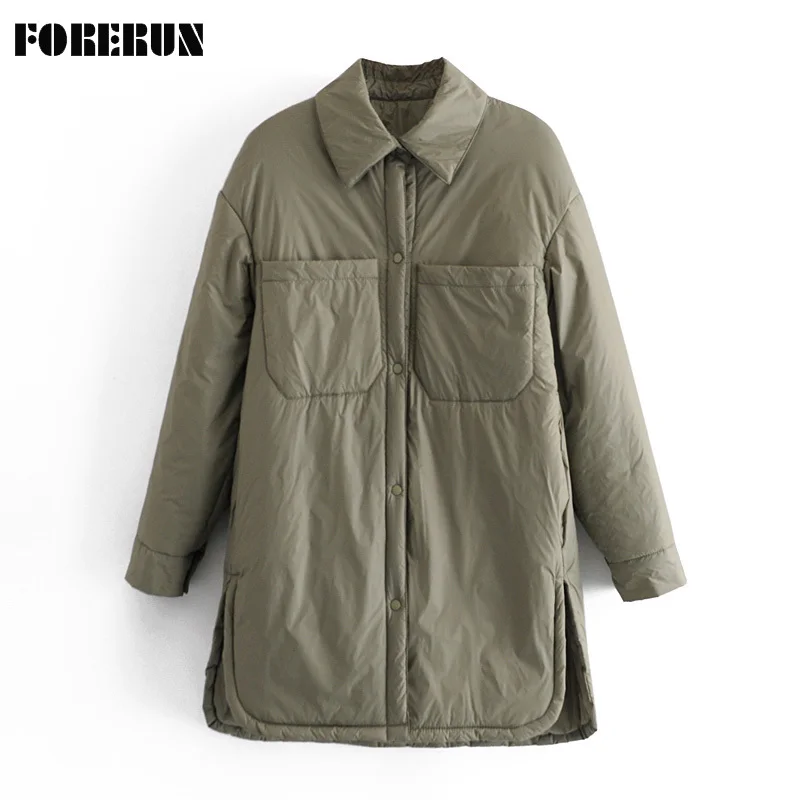 

FORERUN Winter Jackets Shirts Women Solid Cotton Padded Warm Thick Outwear Elegant Long Za Coat Casaco Feminino Inverno