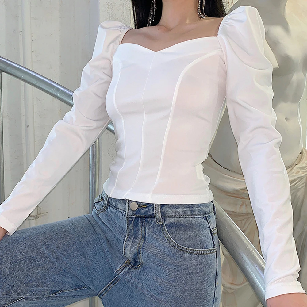 

Square Collar Women Autumn Shirts Solid Color Puff Sleeve Slim Blouses Tops 2020 Elegant Sexy V-neck Long Sleeve Shirt
