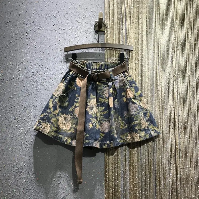 

Women 2021 Summer Fashion Retro Print Jeans Shorts Female Thin Loose Shorts Ladies Ladies High Waist Wide Leg Denim Shorts Y120