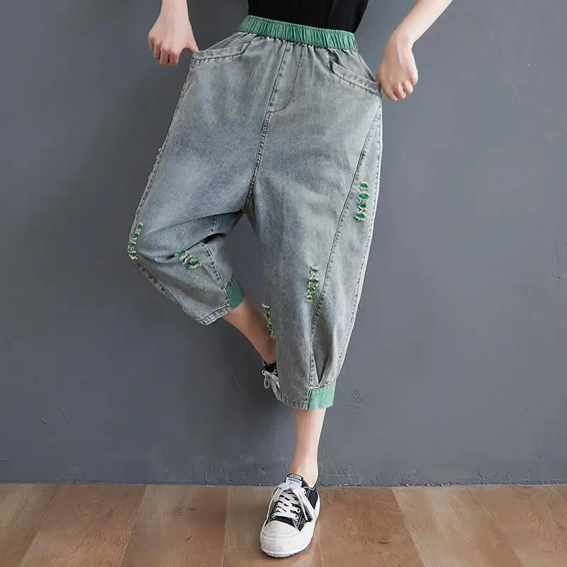 

2021Summer New Street Style Japanese Retro Blue Jeans Casual Loose Cropped Pants High Waist Hole women Harem Pants Free Shipping