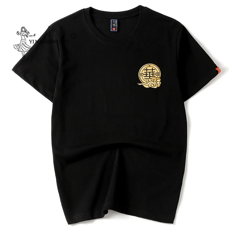 

Футболка с круглым вырезом в национальном стиле, весна-лето, китайский дракон, тяжелая промышленная Вышивка, свободная футболка с коротким рукавом для пары