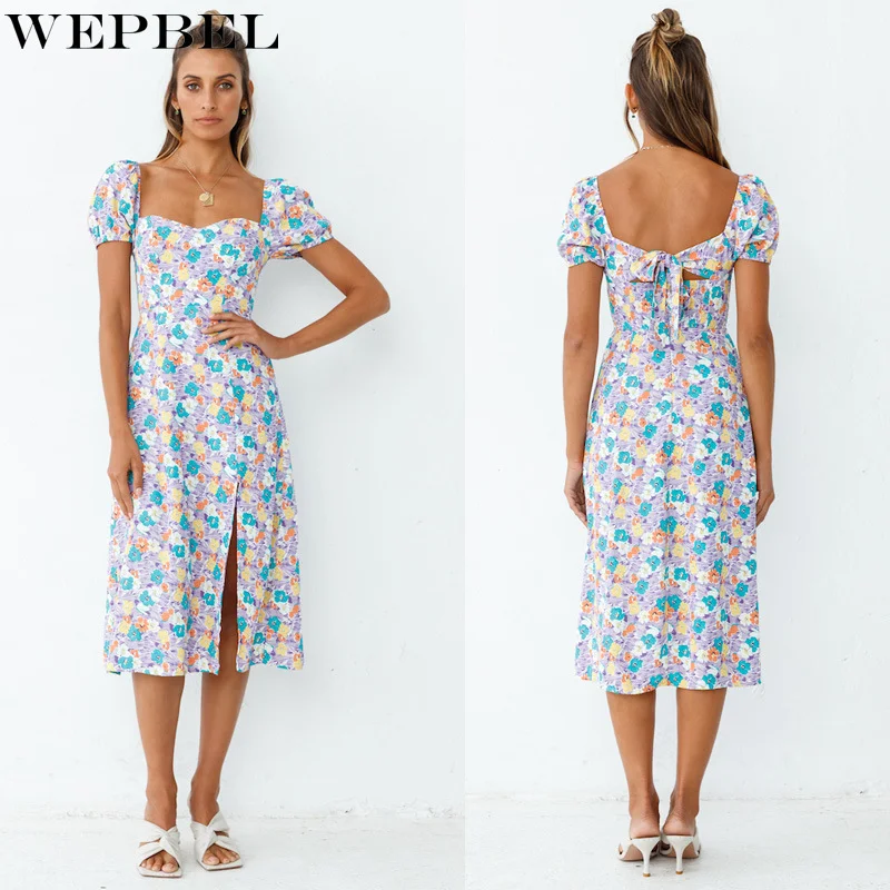 

Женское летнее платье с цветочным принтом, V-образным вырезом и открытой спиной