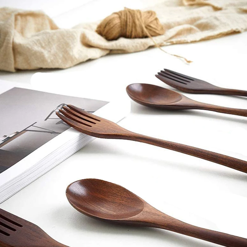 5 Pcs Long Spoons Wooden 6 Forks Handle Round Spoon Set Used For Soup Cooking Blender | Дом и сад