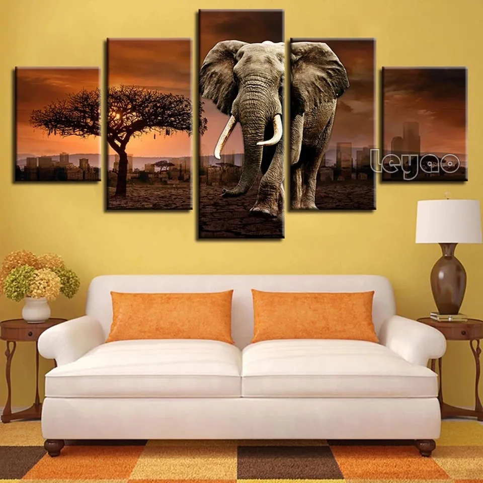 

Elephant 5 Piece Full Drill square round Diamond embroidery sunset city abstract scenic 5D DIY Diamond Painting Cross Stitch