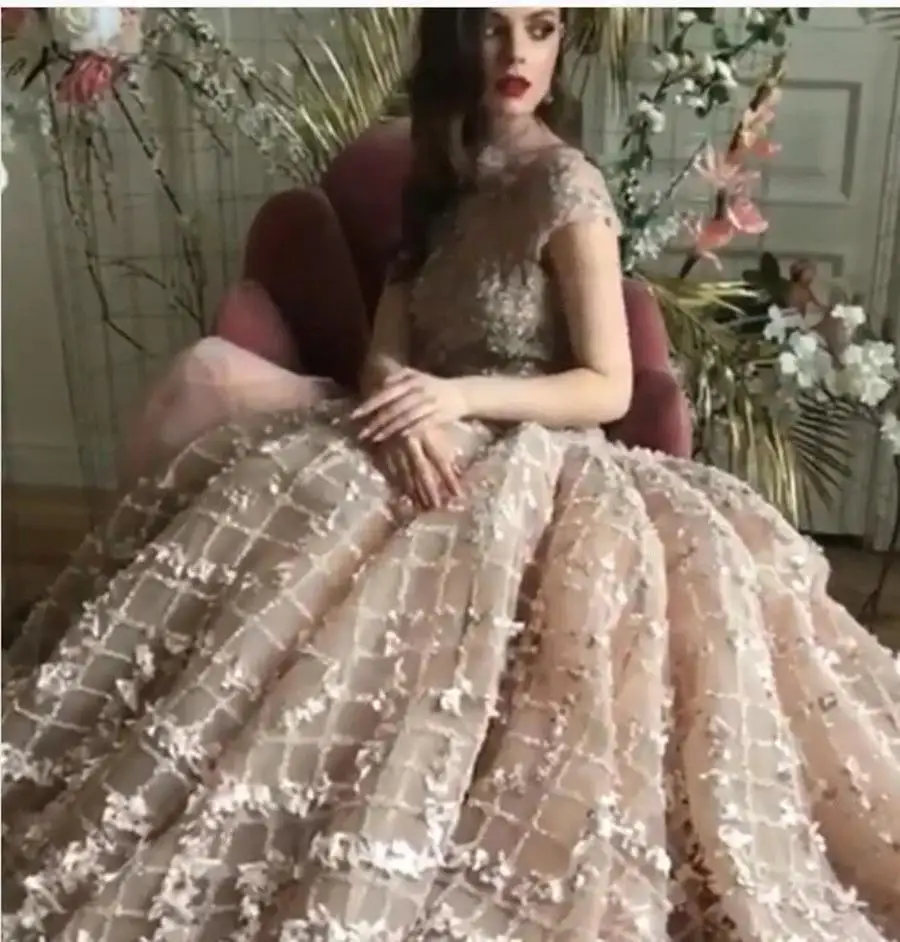 Crystals Furs Pink Prom Dresses 2021 Saudi Arabic 3D Flowers Appliques High Neck Cap Sleeves Evening Gowns With Detachable Train