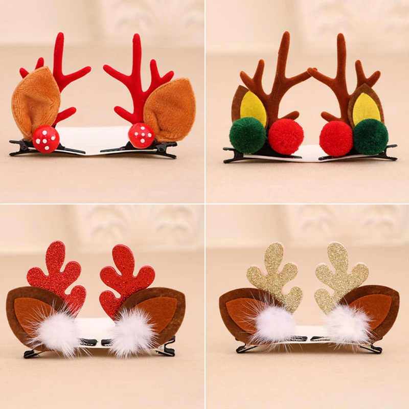 

2pcs Cute Christmas Antler Hair Clips Deer Ear Hairpins Festival Moose Mushroom Pine Cones Hair Ball Headwear Hair Accessories