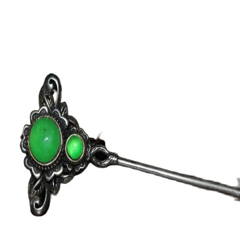 

Chinese Old Craft Made Old Tibetan Silver Inlaid Green Jade Silver Hairpin