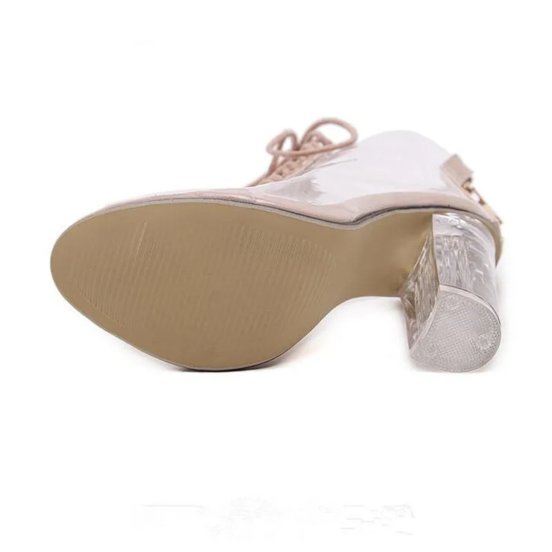 

Leopard Heels Sandals 2020 Summer PVC Jelly Transparent Lace-Up Sandals Ladies Round Head Big Size 42 Summer Platform Shoes