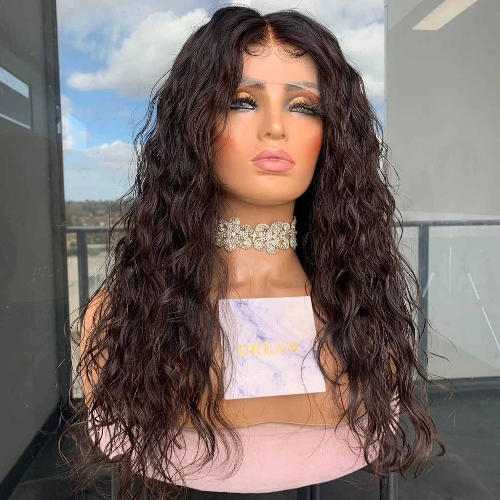 

26Inch Dark Brown #2 Color Curly Wigs Synthetic Hair Lace Front Wig For Black Women Water Wave Fiber Hair with Babyhair