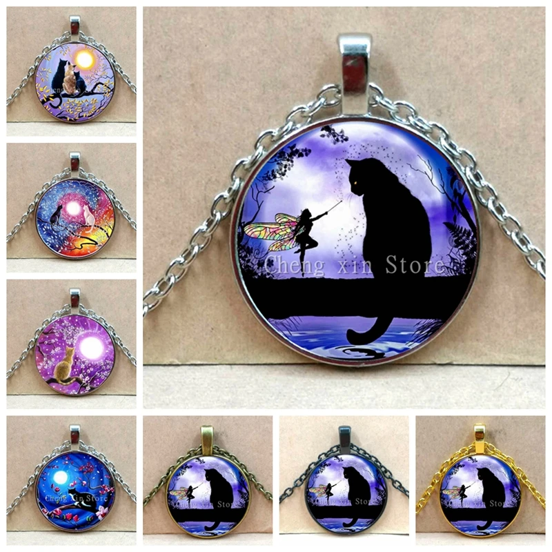 Фея и черная кошка фото искусстве стекло кабошон ожерелье с подвеской лунного