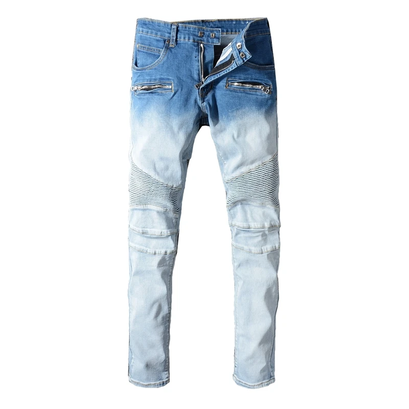 

New Men's male fashion light blue Streetwear casual jeans zipper black slim-fit jeans biker denim pants trousers 1074