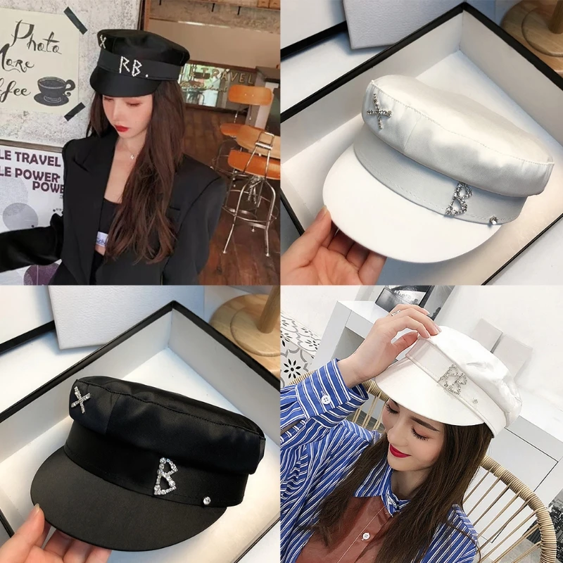 

Flat Top Rhinestone Newsboy Cap for Womens Fashion Solid Color Military Caps Female Silk Satin Naval Hat Paperboy Cap