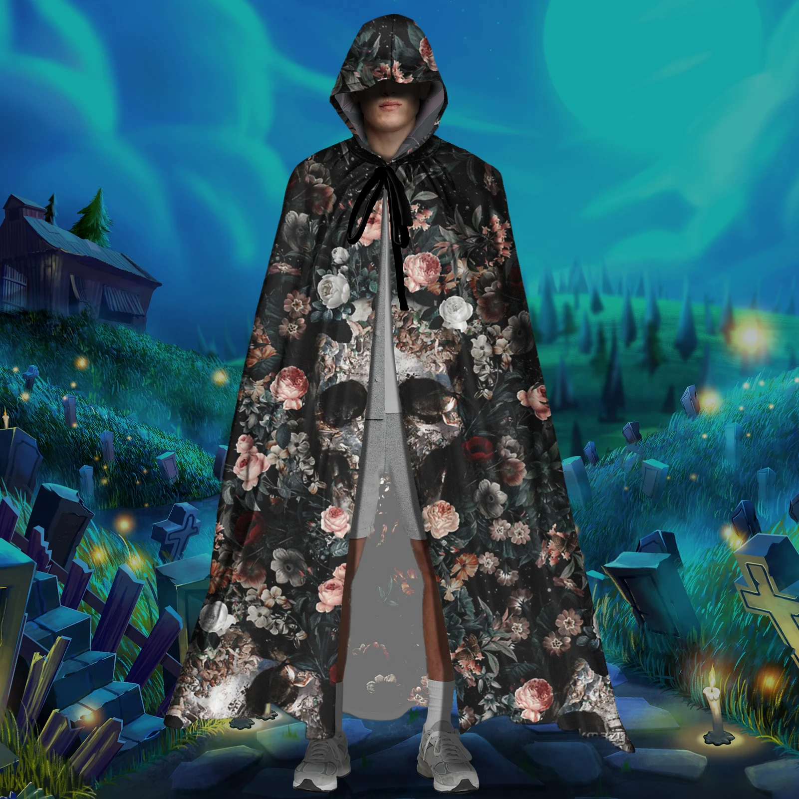 

Classic Sugar Skull Brand Design Black Halloween Cloak Fashion Full Length Hooded Cosplay Costumes Adult Unisex Hood Robe Capes