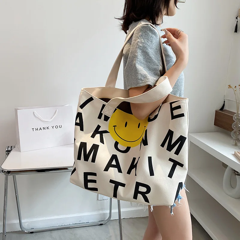

Japan Style Canvas tote bags for women Smile Face Letter Pattern Female bag Casual Large beach bag big handbags for women