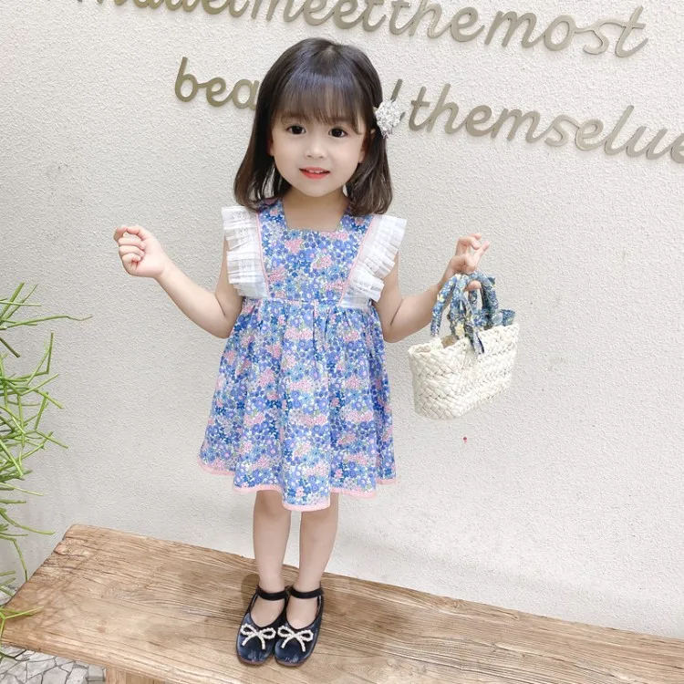 

Summer New Fashion Bow-knot Gilrs Sleeveless Dresses Baby Cute Floral Dress Kids Square Collar Clothing