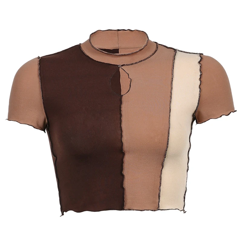

Fashion sexy Frill Hollow Out Cropped Tshirt Women Autumn Fashion Short Sleeve T-shirt Ladies Basic Patchwork Top Tee Streetwear