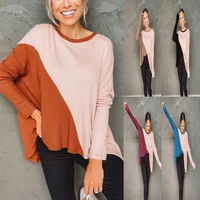 women top autumn stitching irregular contrasting color with slits fleece shirt long sleeve loose sweatshirt t shirt t shirt