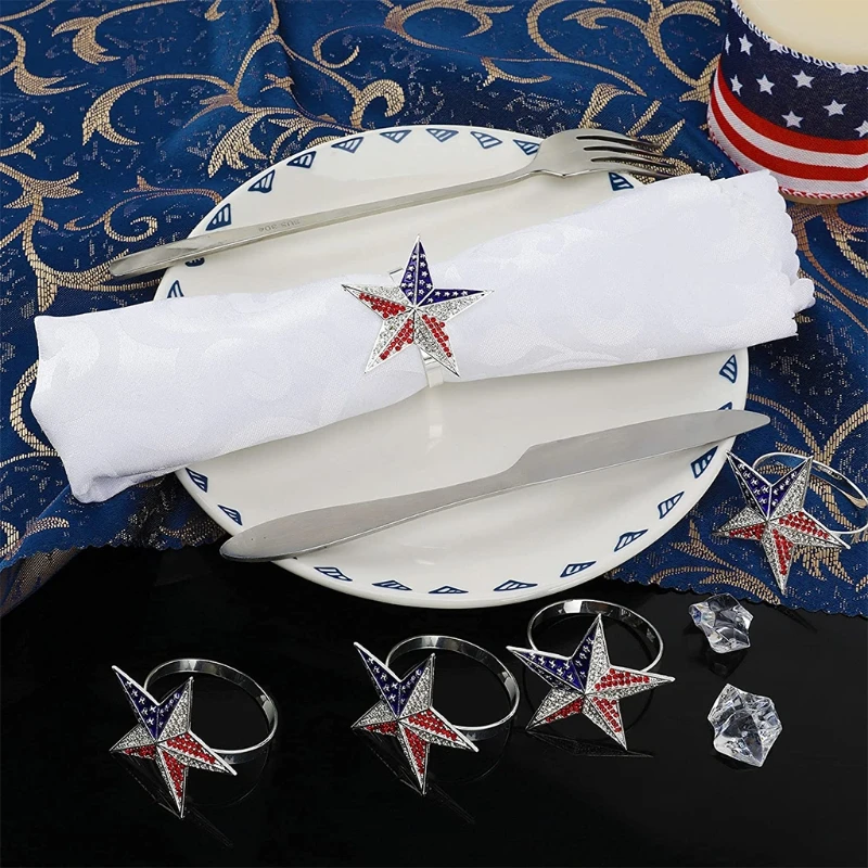 

6pcs Patriotic Napkin Rings National Flag Star Buckle Holder for Independence Day 4th of July Veterans Day