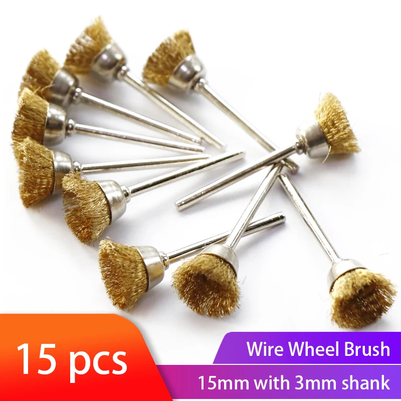 

15pcs Wire Polishing Wheel Brush Brass Brush 3.mm Shank Cup Brush For Dremel Rotary Tools Accessories Metal Rust Removal